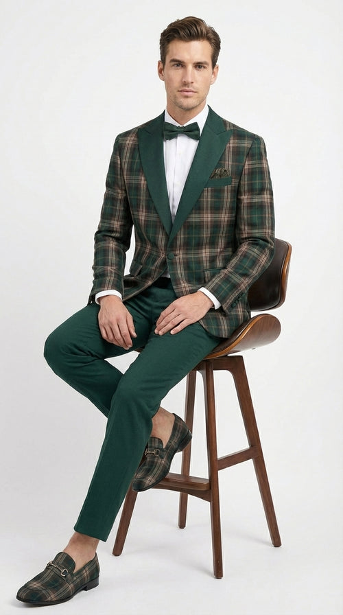 Mens Tartan Green and Brown Blue Plaid Tuxedo Dinner Jacket Set – Checkered Prom Blazer with Dark Green Pants Formal Wedding Party Wear