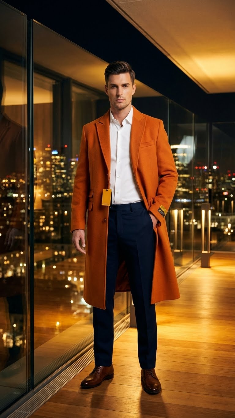 Men's rust orange wool-blend overcoat. Tailored fit, single-breasted, notched collar. Two front pockets. Smooth texture. Classic, sophisticated design.
