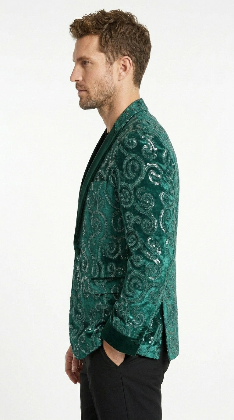 Men’s Emerald Green Paisley Tuxedo Dinner Jacket with Black Lapel, Formal Prom Wedding Party Blazer