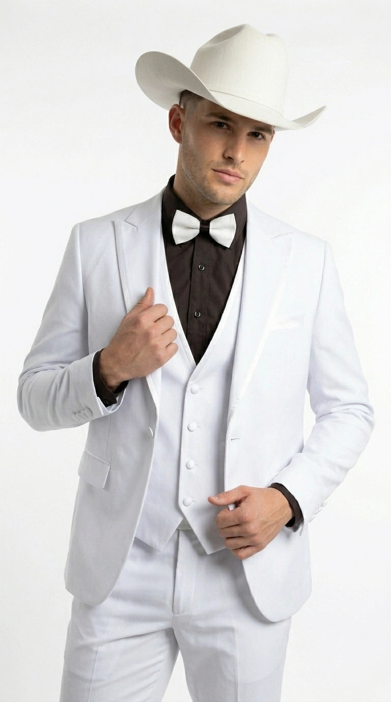 Men’s White Western Cowboy 3 Piece Tuxedo Suit, Formal Wedding Prom Groom Suit Set