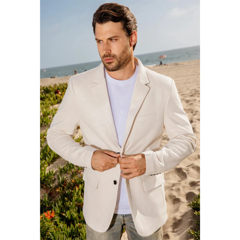 Mens Double Button Faux Suede Blazer - Off White