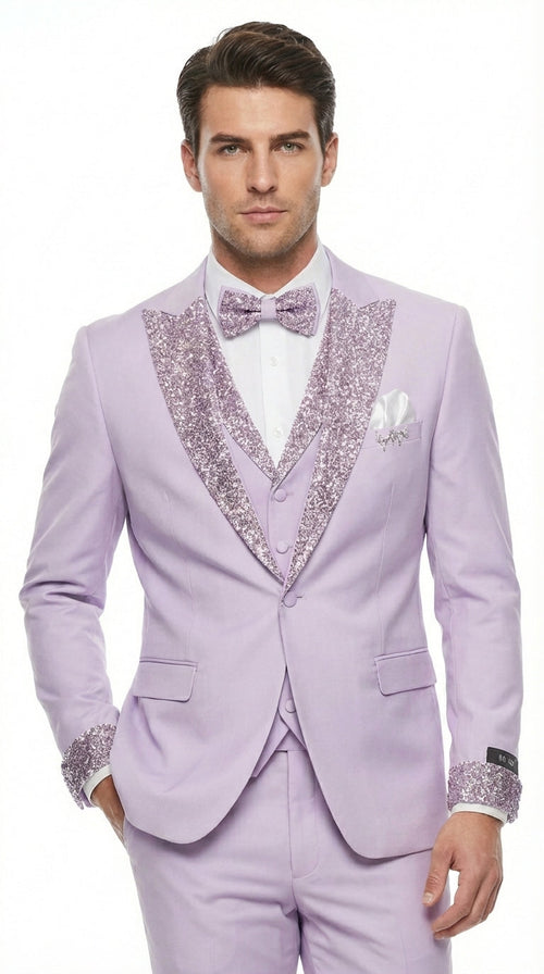 Men’s Lilac Suit with Silver Glitter Sequin Lapel – Lilac and Silver Formal Tuxedo Suit for Prom, Wedding Lavender Tuxedo