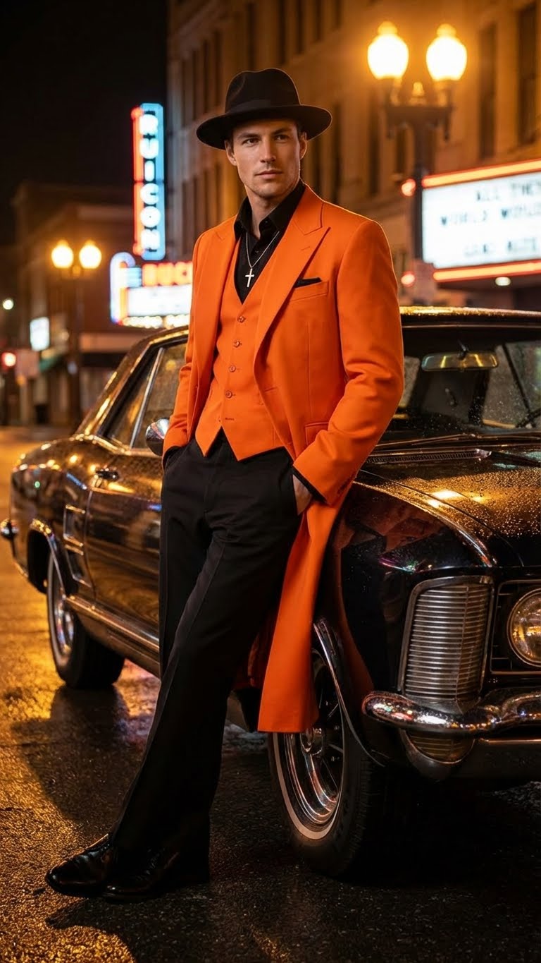 Orange zoot suit: long, fitted design. Includes black shirt and matching pants. Sleek, structured shape for a formal look.