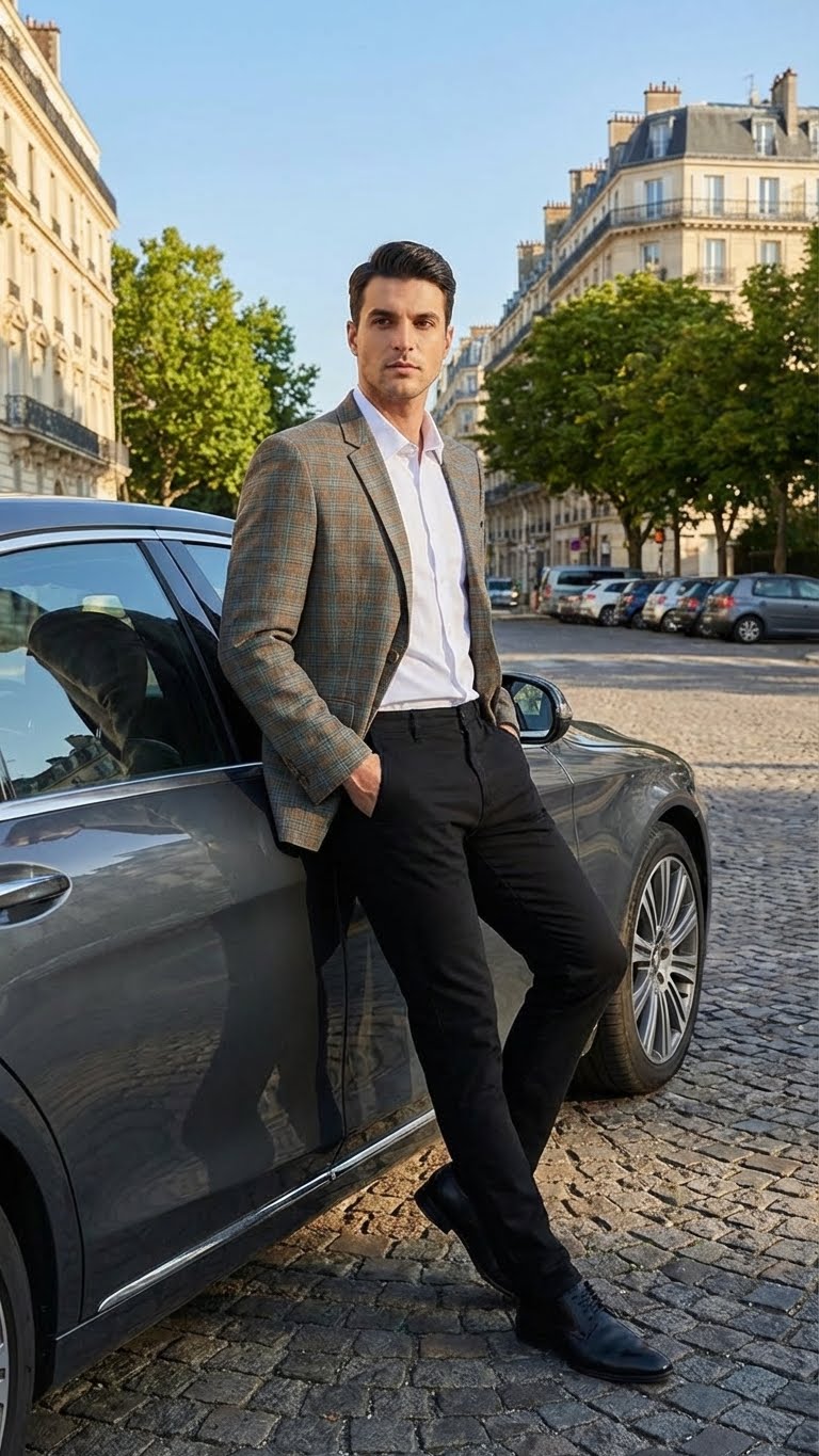 Men's tailored sport coat. Green, brown, and teal plaid pattern. Standard lapel, single-button closure. Woven fabric.