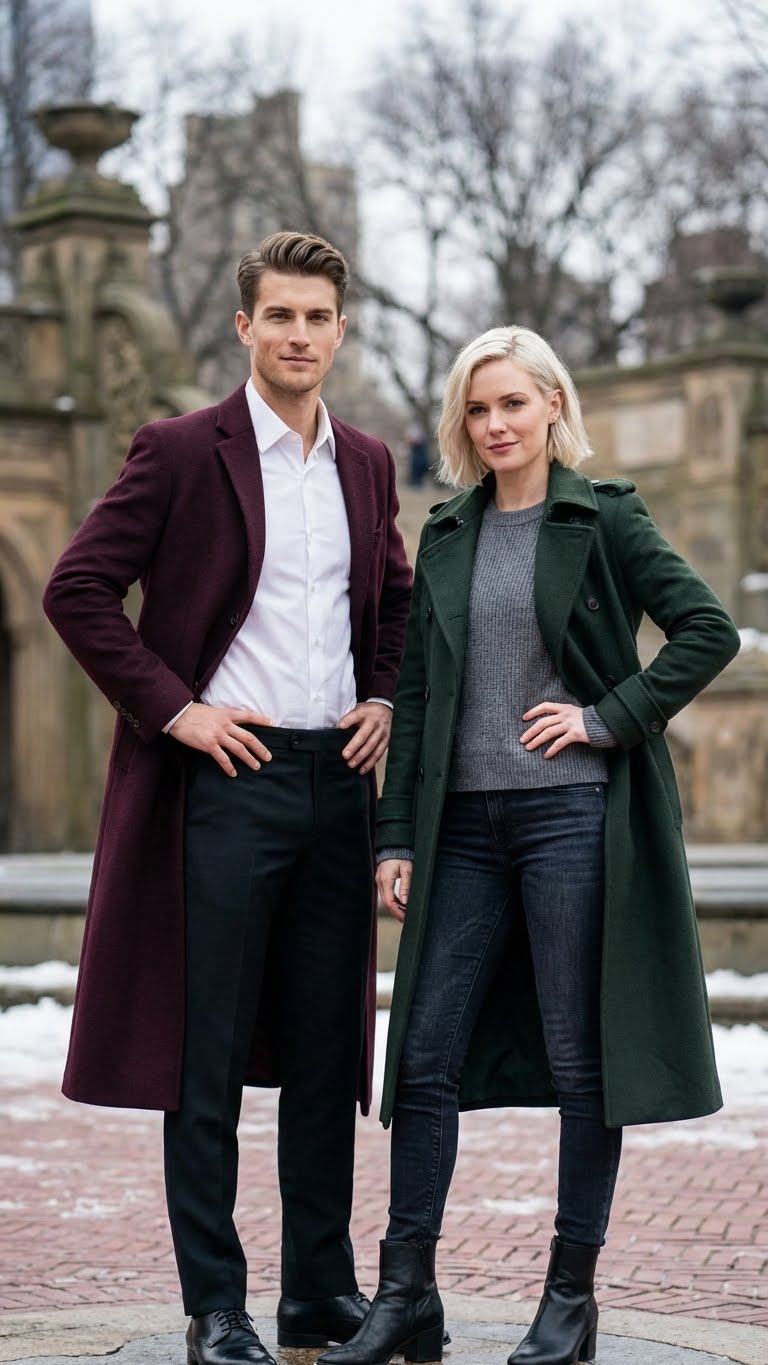 Men's burgundy long coat in classic fit. Wool blend, straight silhouette, lapels, and single-breasted closure. A timeless and stylish outerwear piece.