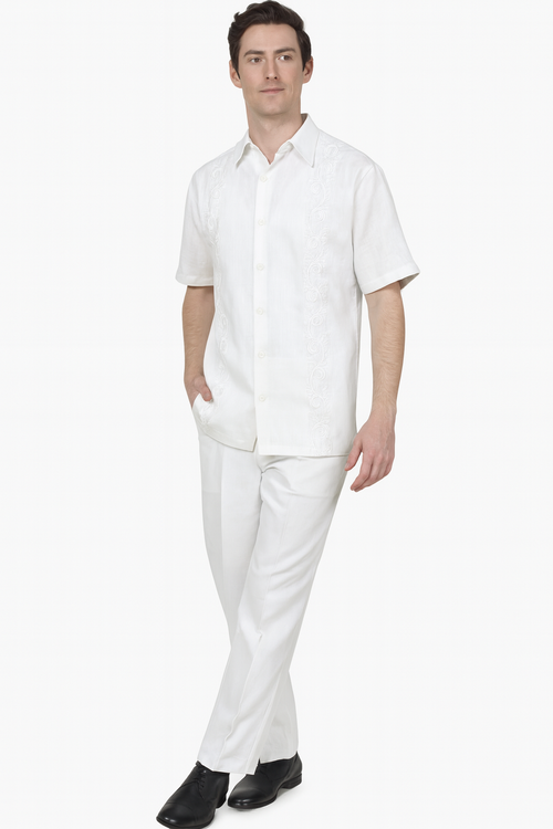 Men's white linen summer walking suit: short-sleeve shirt with embroidered front and straight-cut pants. Two-piece set.
