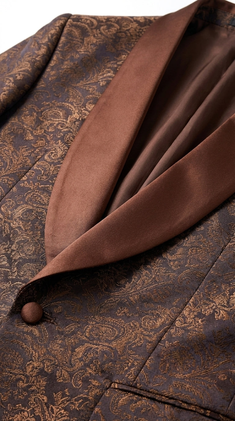 Men’s Light Brown Paisley Tuxedo Jacket, Wedding Prom Dinner Blazer with Satin Shawl Lapel