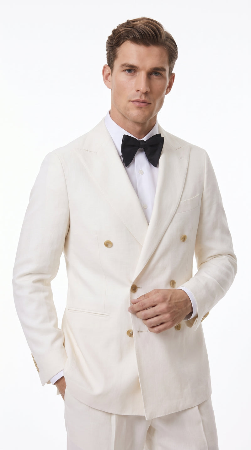 Men’s Ivory Double-Breasted Tuxedo – Gold Button Wedding, Prom and Formal Suit