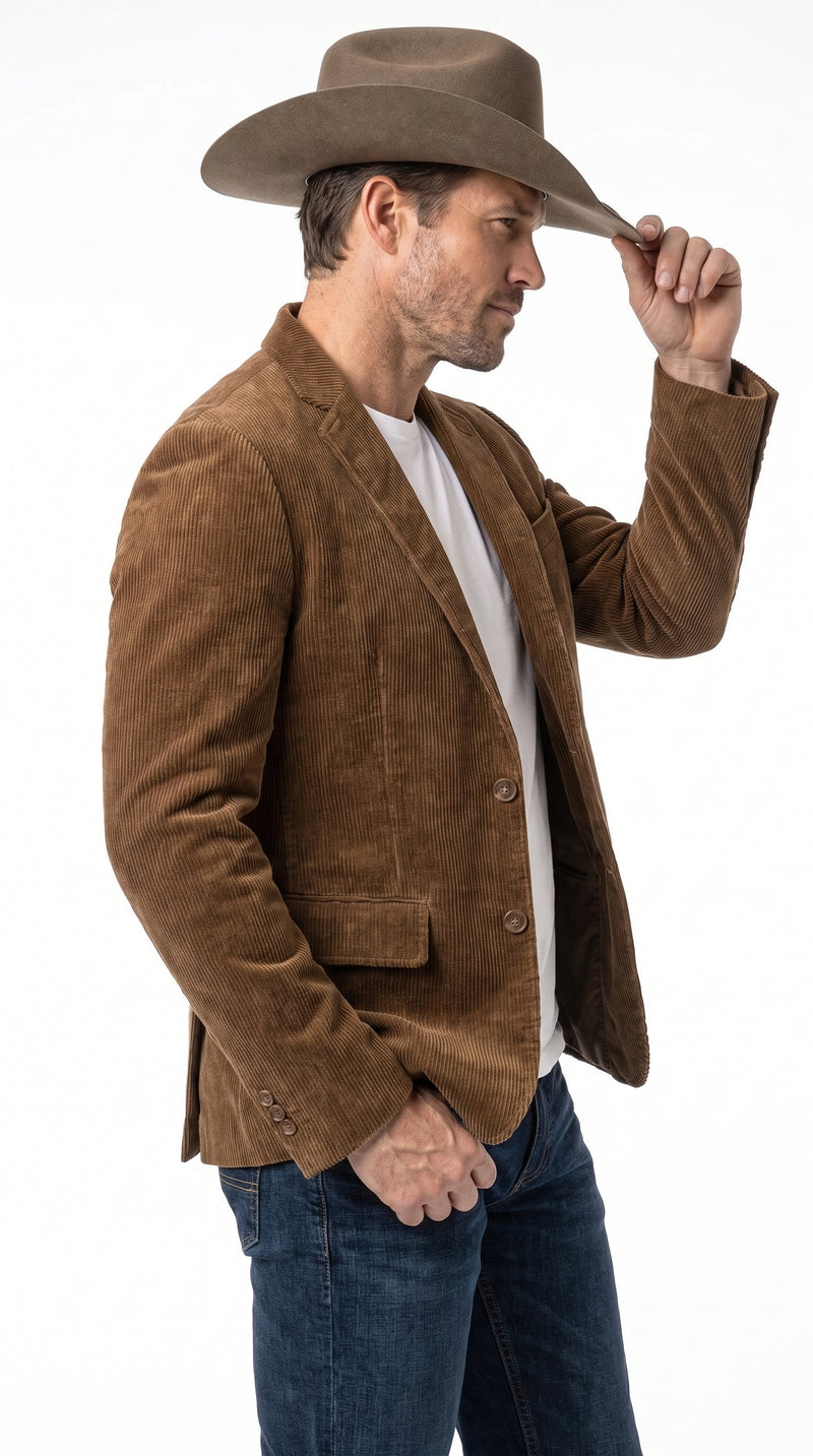 Men’s Brown Corduroy Country Blazer – Two-Button Western Sport Coat for Casual