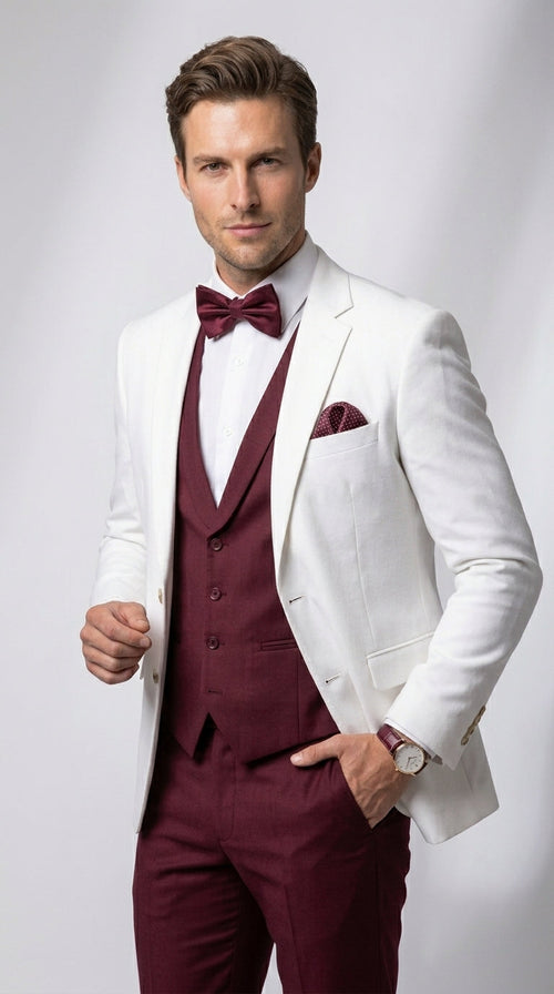 Menās White and Burgundy 3 Piece Tuxedo Suit, Vested Formal Wedding Prom Dinner Suit Set bowtie included