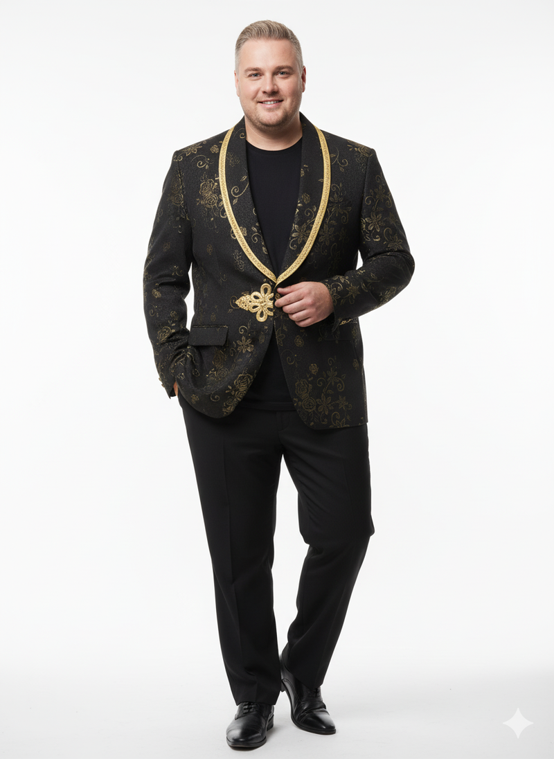 Men's black blazer with gold floral embroidery. Features peak lapels, slim fit, and a structured shape. Luxurious textured fabric.