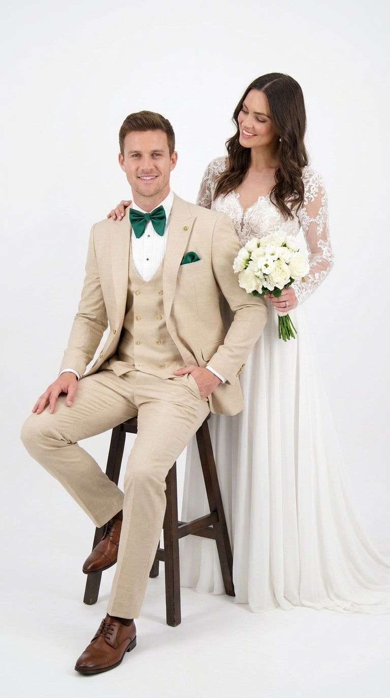 Men’s Khaki Tan 3-Piece Groomsmen Suit – Wedding Suit with Double-Breasted Vest and Pants Great Gatsby Style Gold buttons