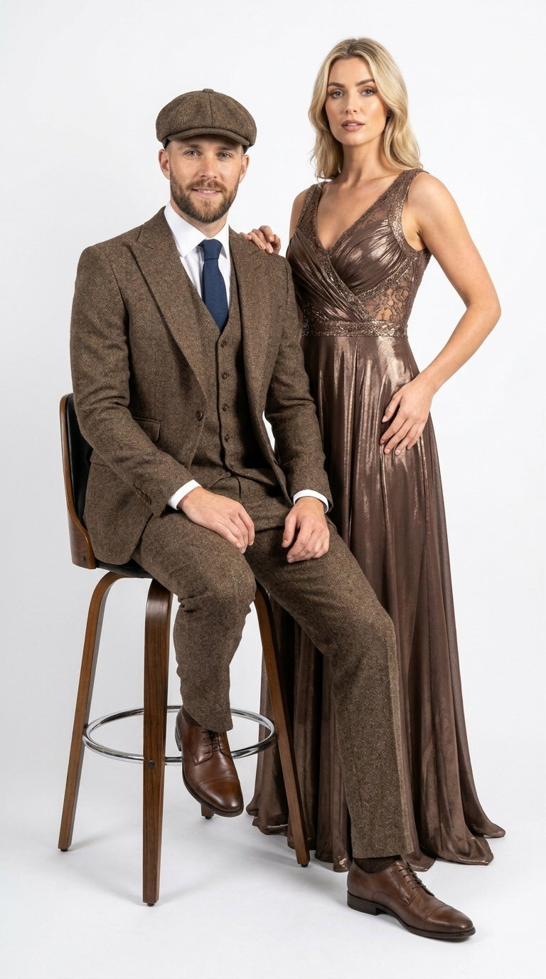 Peaky Blinder Men’s Brown Tweed 3-Piece Suit – Vintage Wedding, Business and Formal Suit with Matching Vest and Pants