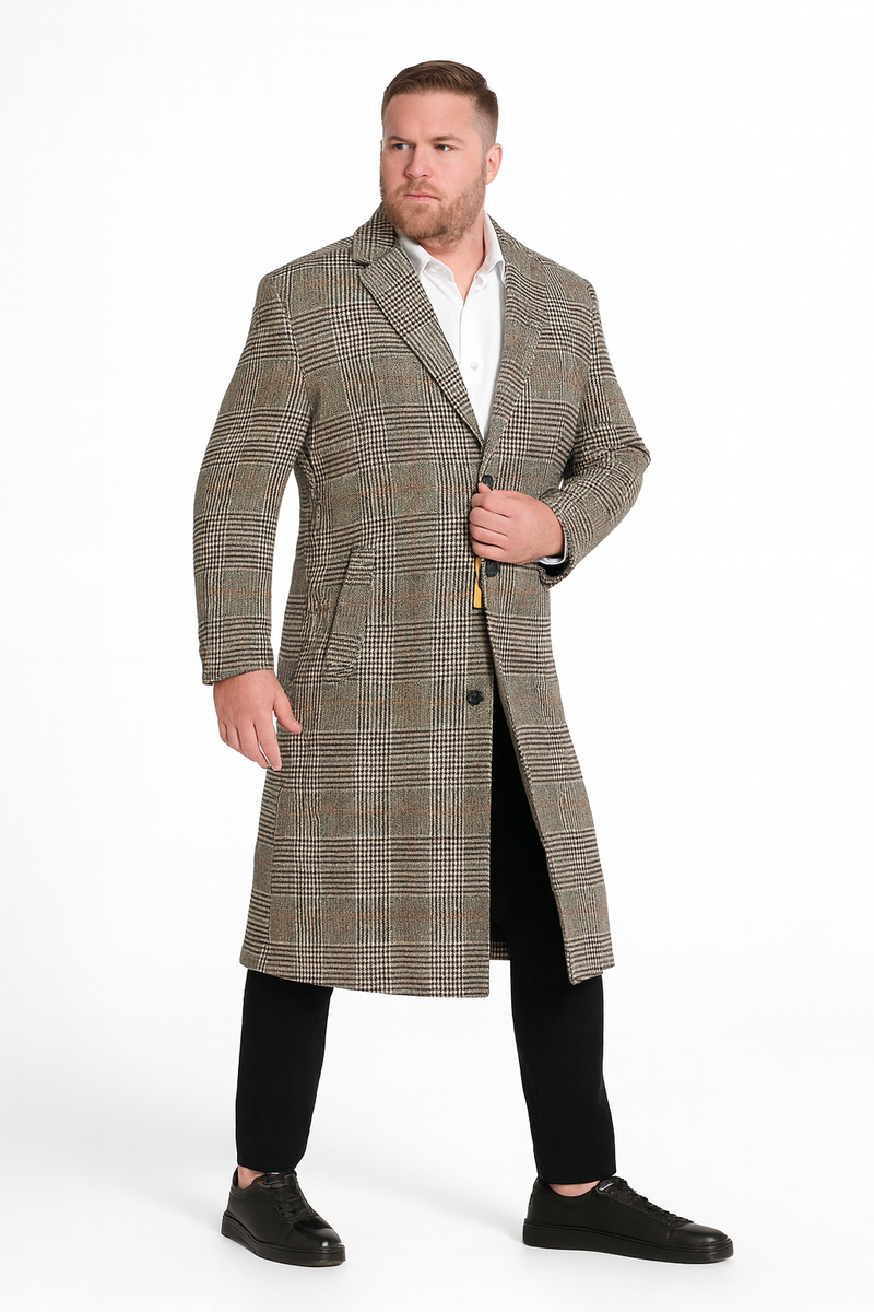 Men's full-length plaid overcoat. Wool blend, gray with brown/beige accents. Classic checkered pattern, straight cut, notched collar, and two side pockets.