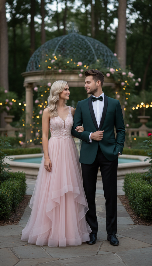 Men's dark green tuxedo suit: tailored fit, smooth fabric. Features black satin lapels, single-breasted jacket, and flat-front black trousers. Stylish and structured silhouette.