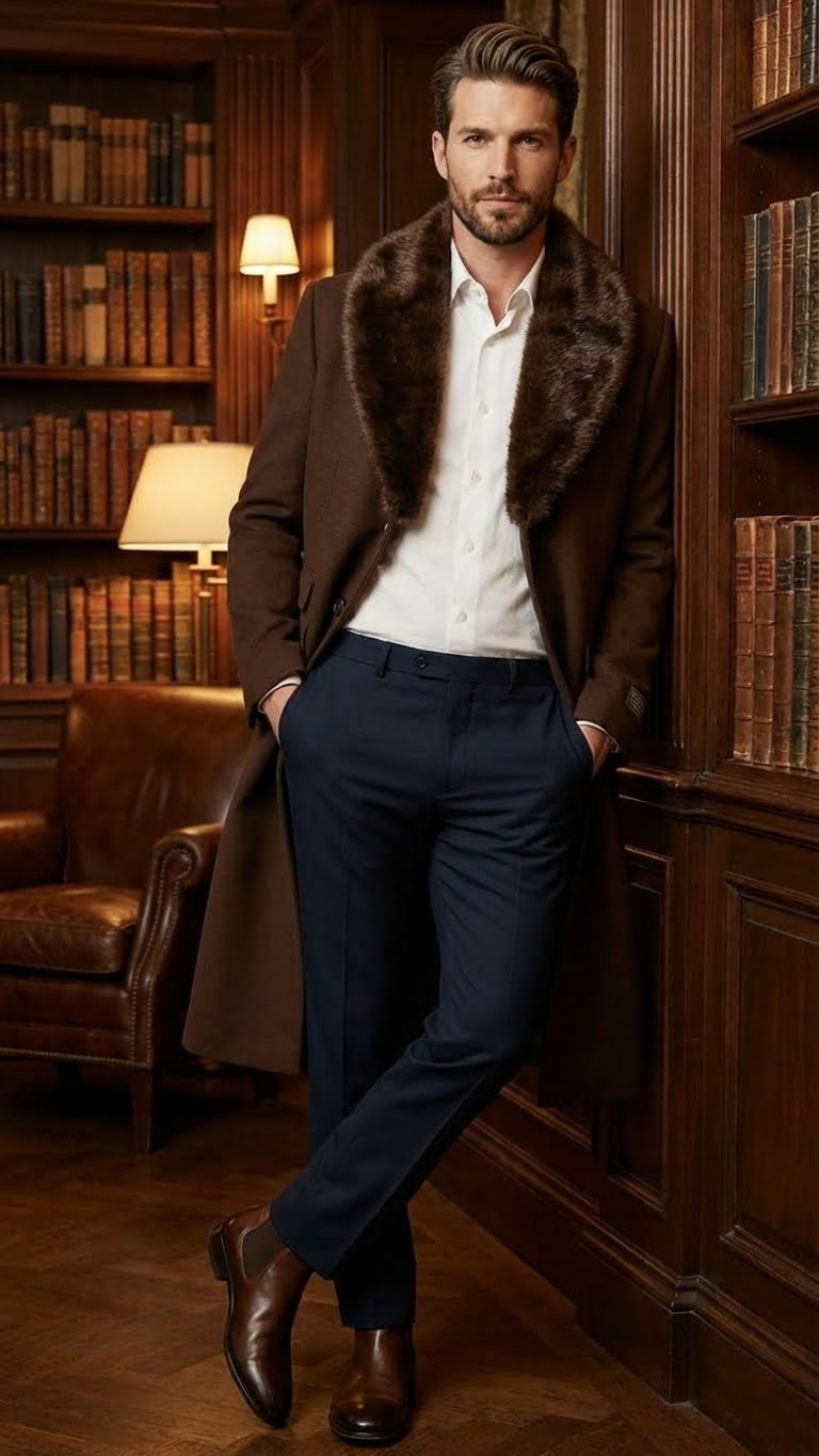 Men's long brown overcoat with a faux fur collar and straight silhouette. Textured fabric (wool-like), deep brown color. Collar is a key design element contrasting the coat's body.