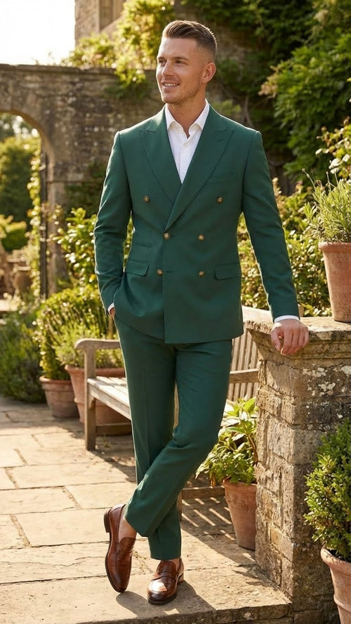 Emerald green double-breasted suit by Alberto Nardoni, featuring a tailored fit. It includes a jacket with gold buttons and matching trousers. The fabric appears smooth and structured.