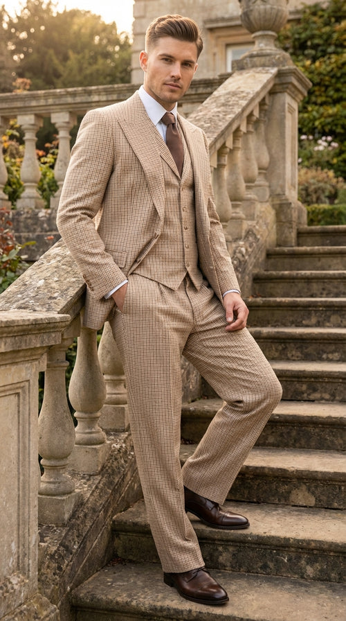Men’s Beige tan Checkered Three Piece Suit with Classic Fit Wide Leg Pleated Pants by Rossiman khaki color