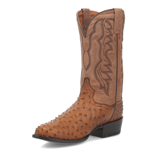 Dan Post Men's Tempe boots: Brown full quill ostrich leather with round toe. Tall, tapered shaft, decorative stitching. Flat sole, slight heel for stability. Saddlebrown color, contrasting stitching.