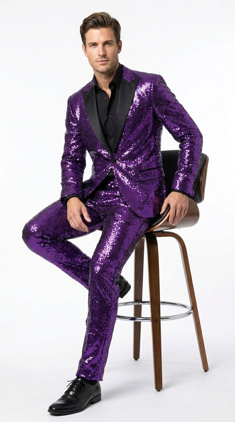 Men’s Purple Glitter Tuxedo Suit with Black Lapel, Party Stage Performance Formal Suit