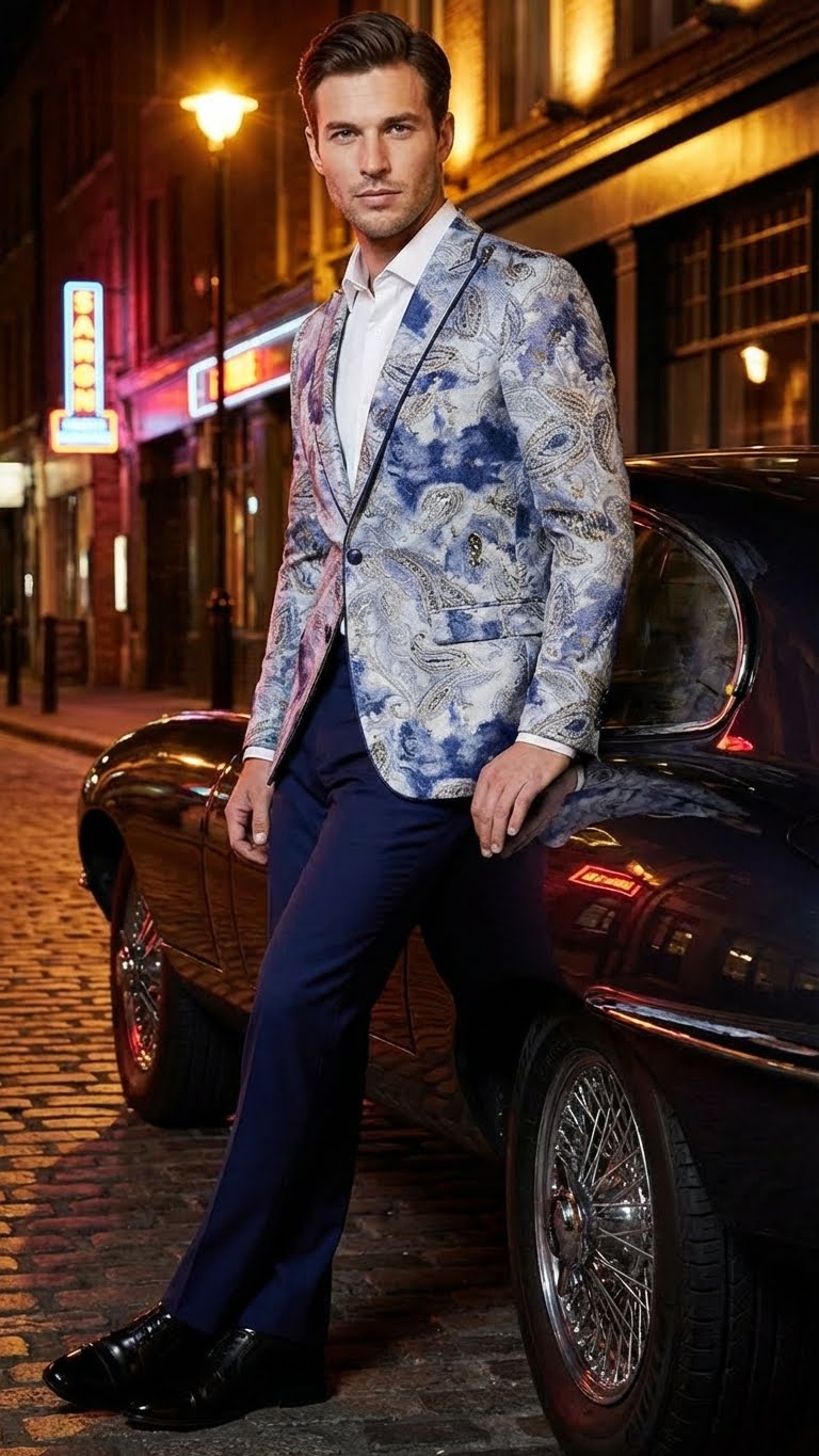 Navy blue and gray paisley Alberto Nardoni men's blazer. Structured fit, lapel collar, long sleeves, single-button closure. Smooth, textured fabric with paisley patterns. Front pockets, tailored silhouette.