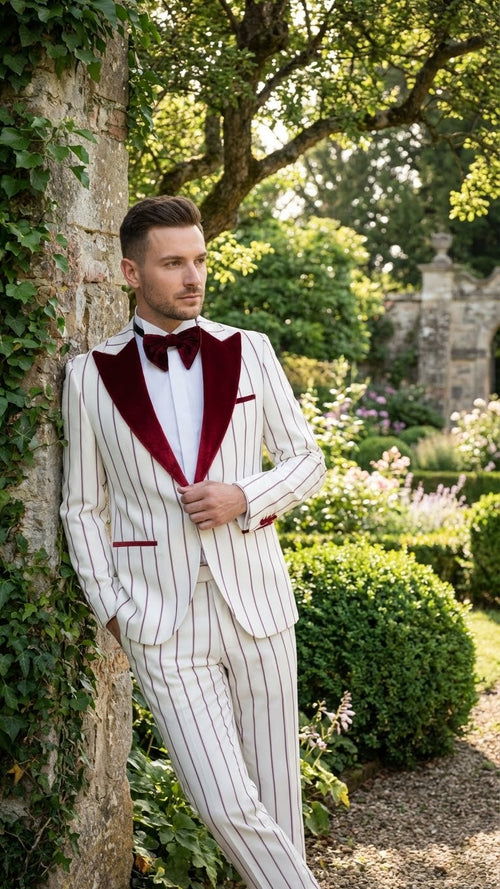 Men's pinstripe tuxedo: white & dark red. Velvet shawl lapel, white dress shirt, matching pants, red bow tie. Classic & stylish formal wear.
