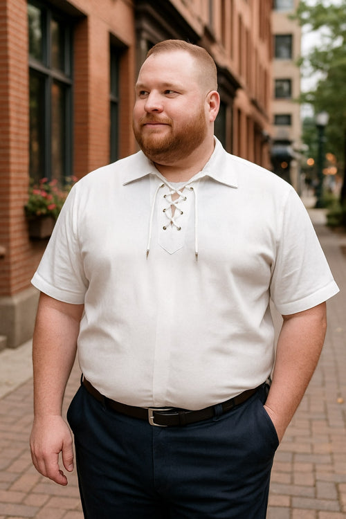 Men's white linen renaissance shirt with short sleeves, collar, and decorative neckline lacing. Plain design, relaxed fit.