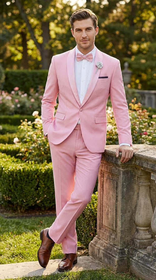 Mens Dusty Rose Pink Summer Tuxedo – Satin Shawl Lapel Formal Wedding Prom Suit