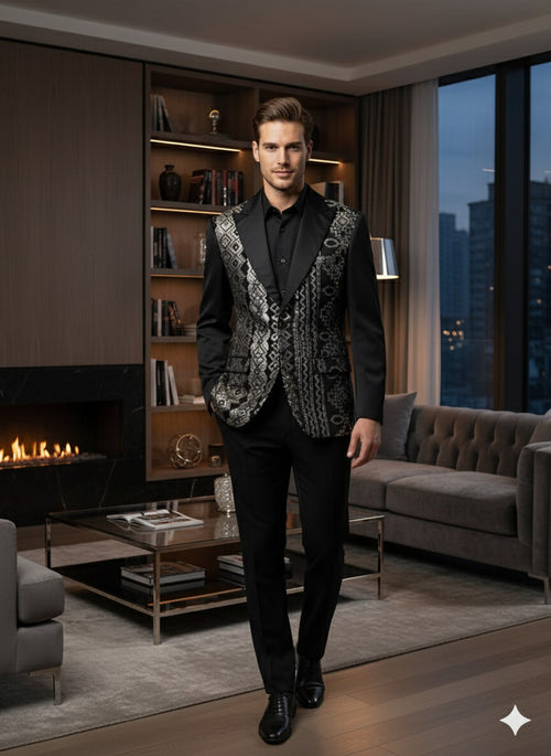 Mens Black and White and Silver Sequin Embroidered Blazer – Luxury Designer Party Wear with Geometric Detailing