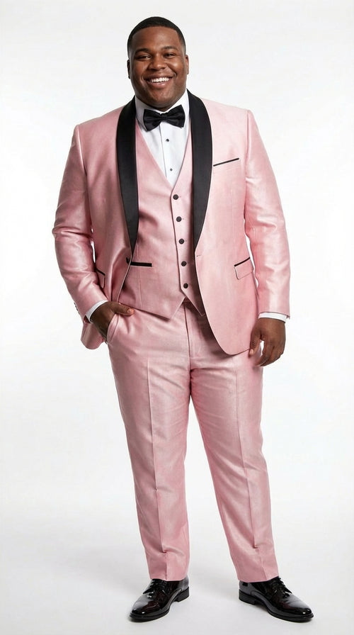 Men’s Blush Pink Shiny 3 Piece Suit with Black Shawl Lapel | Light Pink Prom Suit Sharkskin Fabric - Ultra Slim Fit