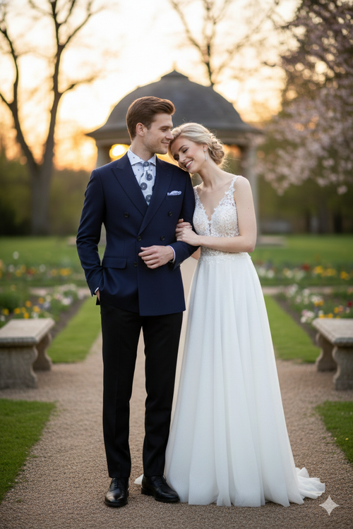 Navy double-breasted men's blazer. Tailored silhouette, structured shoulders, peak lapels. Smooth navy fabric, sleek and polished design. Ideal for formal events.