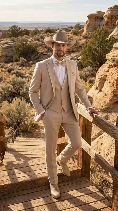 Mens Beige Tan Khaki CowboyTuxedo Suit – Western Formal Three Piece Suit with Jacket Vest and Pants