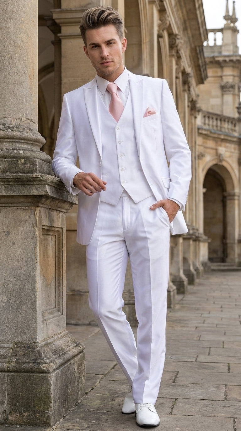 Men’s Shiny White Sateen 3 Piece Suit – Wedding Prom Formal Suit with Vest