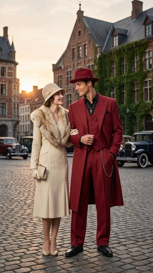 Men's 1920s red zoot suit: tailored fit, wide lapels, long jacket. High-waisted, tapered trousers with chain detail. Smooth fabric, rich red color. Includes matching fedora.