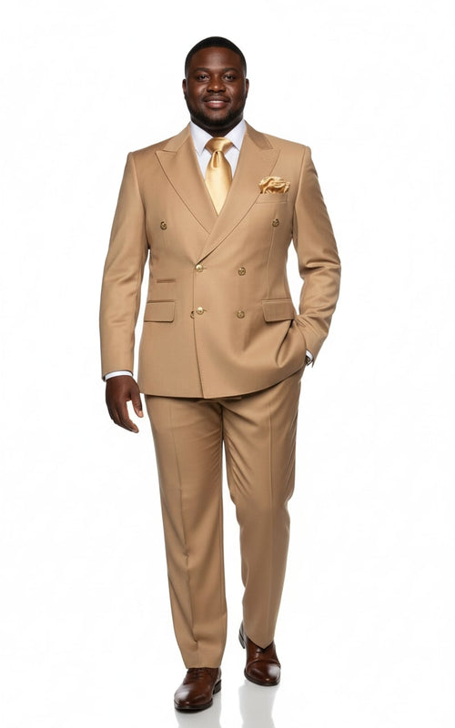 Alberto Nardoni men's camel bronze khaki double-breasted suit. Tailored fit, structured shoulders, gold buttons. Jacket: notch lapel, side pockets. Trousers: straight-legged, matching color/material.