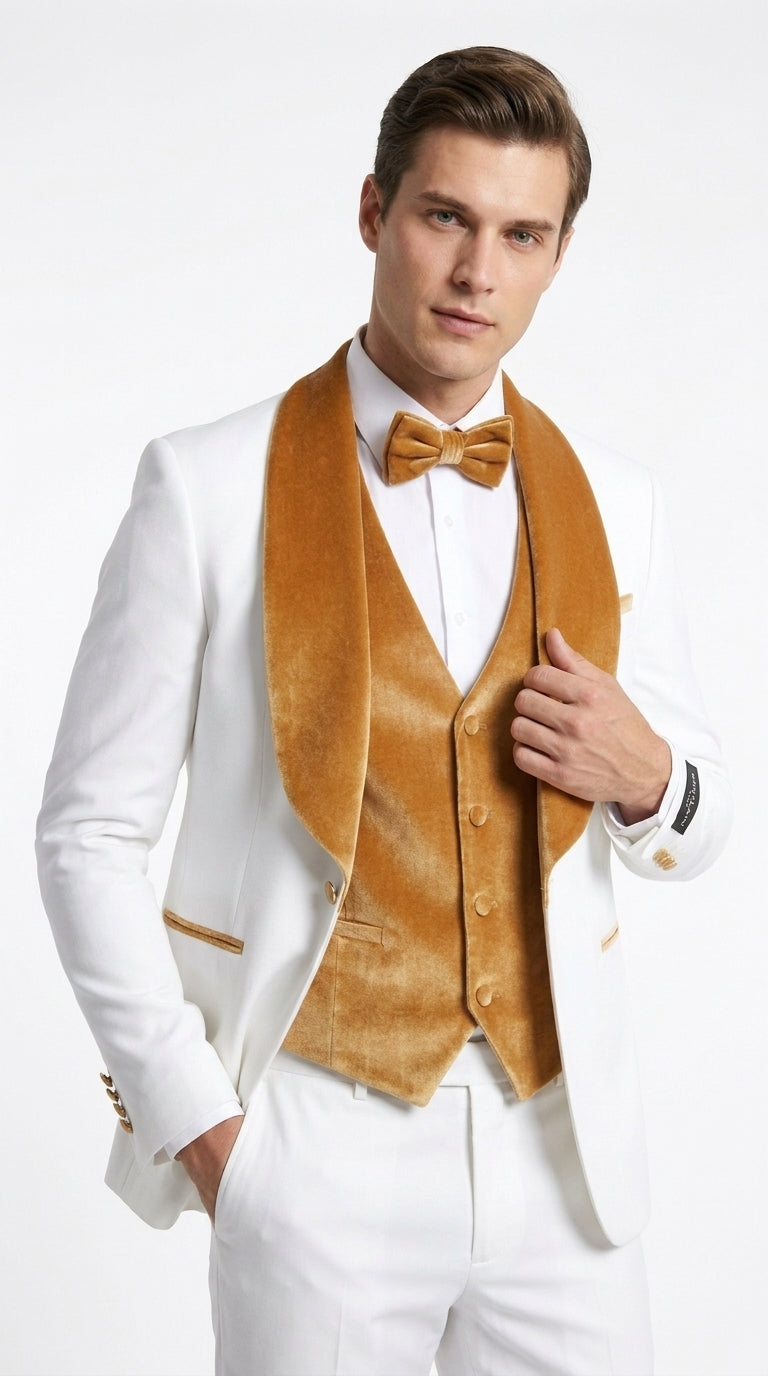 Men's White & Gold Tuxedo – Velvet Shawl Lapel 3 Piece Wedding & Prom Suit