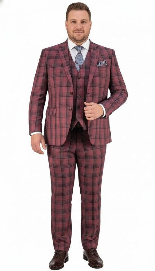 Men's burgundy red plaid 3-piece suit. Modern fit with checkered pattern. Includes jacket, vest, and pants in matching burgundy and red hues.