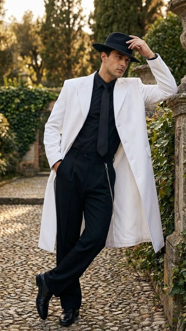 Mens White Long Zoot Style Suit | Vintage Gangster Mafia Formal Coat with Black Pants