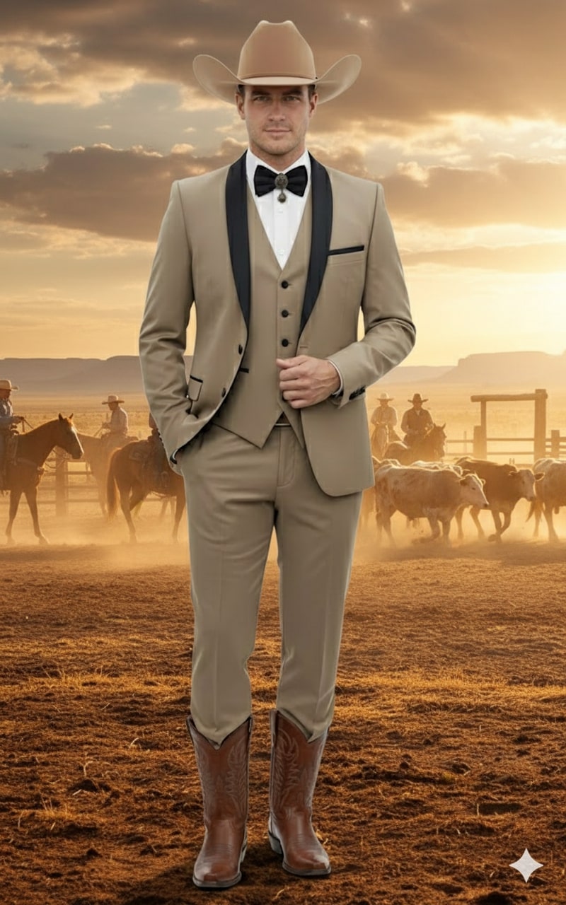 Men's western cowboy suit: tan three-piece tuxedo with black lapel, beige vest & pants. Brown cowboy boots complete the look.