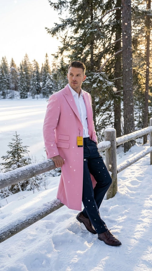 Men's pink wool blend overcoat with slim fit and straight silhouette. Tailored design with side pockets and notched lapels. Structured and stylish.