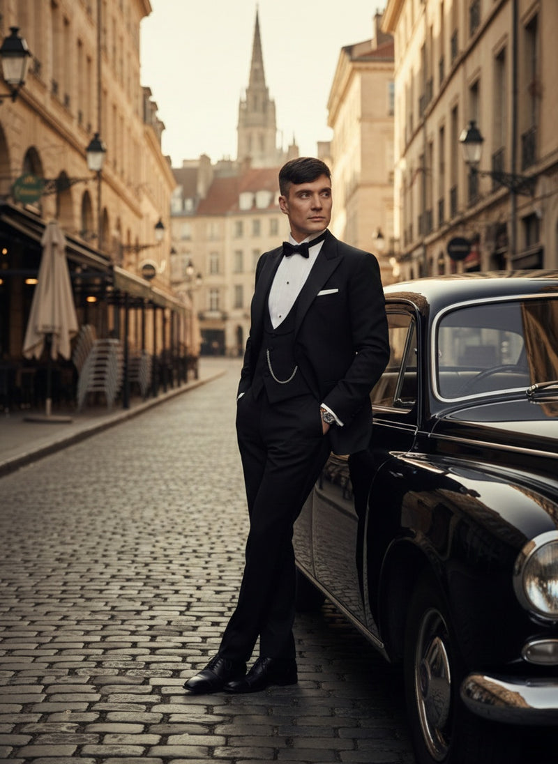 Mens Black Peaky Blinders Style Three-Piece Tuxedo Suit – Classic Formal Suit with Blazer and Waistcoat Peak Lapel 1920s Style