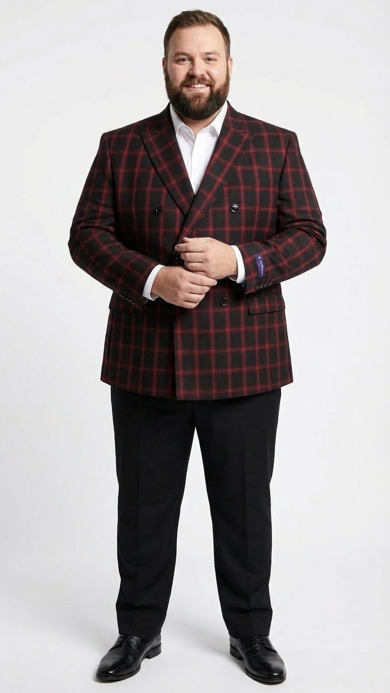 Men's black and red check double-breasted blazer features a structured silhouette with a bold plaid pattern. The primary colors are black and red, with two front buttons and contrasting blue detailing at the cuffs.