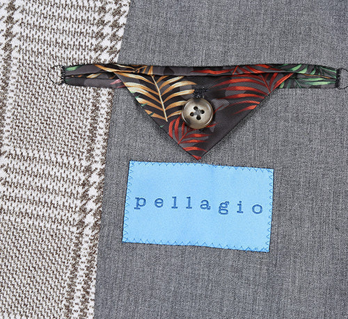 Gray plaid slim-fit blazer. Half-canvas construction. Checkered pattern. Floral-lined inner pocket with button closure, labeled "pellagio".
