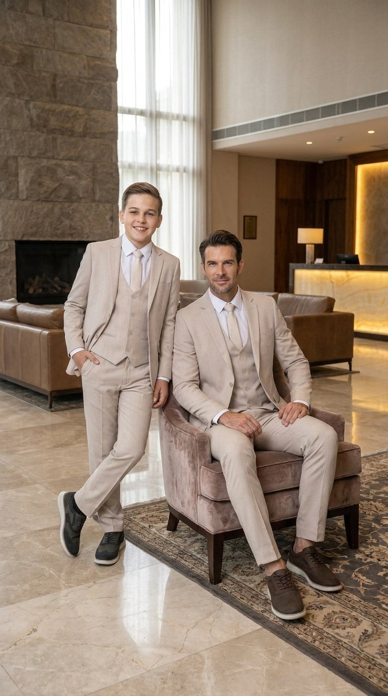 Dad & Son Matching Beige 3-Piece Suits ā Father and Son Wedding Formal Suits in Tan Color