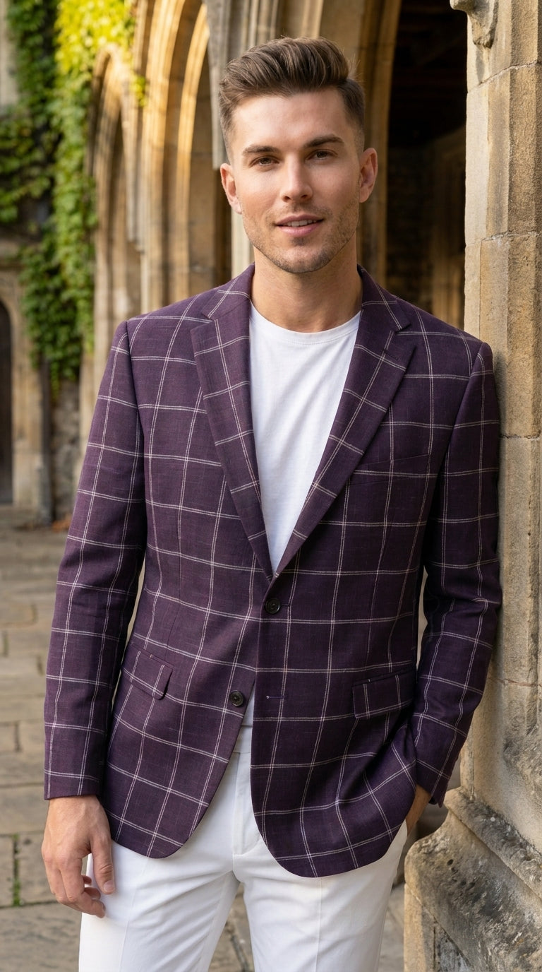 Men's Purple Windowpane Sport Coat ā Classic Fit Plaid Blazer Jacket for Business, Wedding & Casual Wear