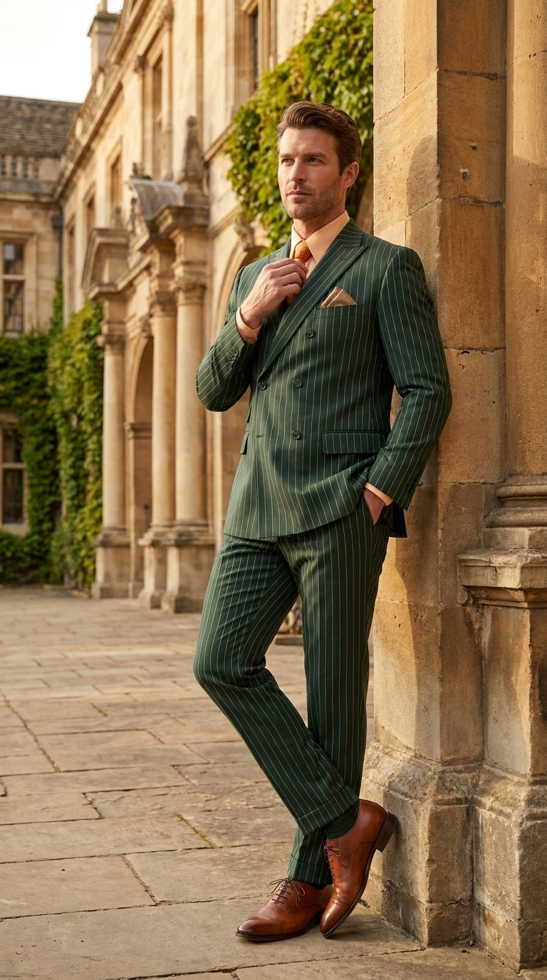 Men’s Hunter Green Pinstripe Double Breasted Suit – Vintage 1920s Great Gatsby Gangster Style