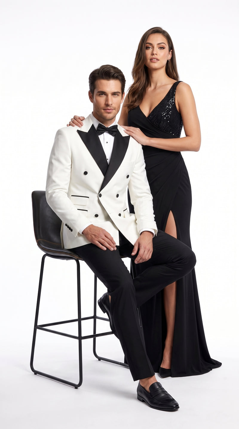 Men’s Vintage Hollywood Ivory Double-Breasted Tuxedo – Black Peak Lapel Wedding and Formal Suit