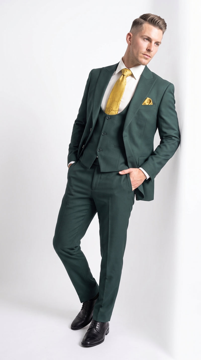Mens Vitali 3 Piece Suit W/Scoop Vest Hunter Green 3-Piece Suit –, Big Peak Lapel Vest and Pants Modern Fit Two Buttons