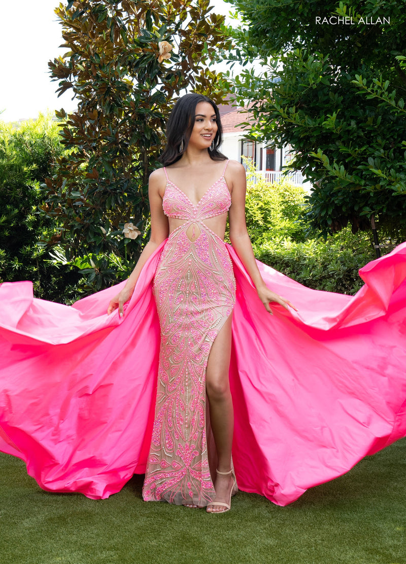 Cutout Overskirt Slit Gown by Rachel Allan 70929
