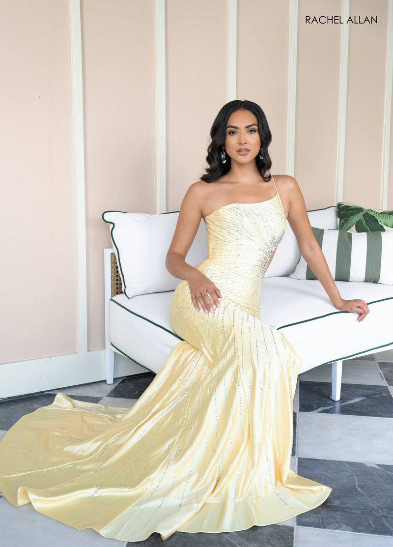 Beaded One Shoulder Slit Gown by Rachel Allan 70965